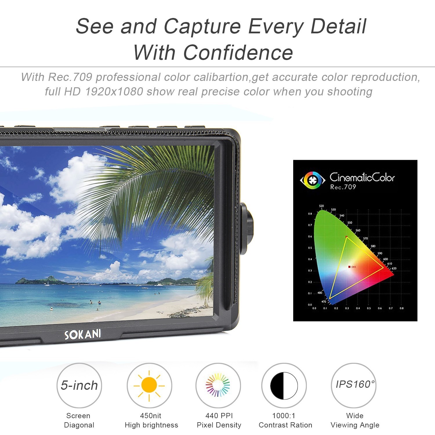 Sokani M5 with Case+Battery+Charger Professional Grade 5" IPS 4K HDMI Camera-top Monitor, On-Camera LCD Field Camera Video Monitor,Can Power for DSLR or Mirrorless Camera